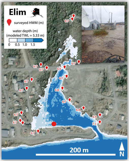 Map showing total water levels and high water marks in Elim, Alaska
